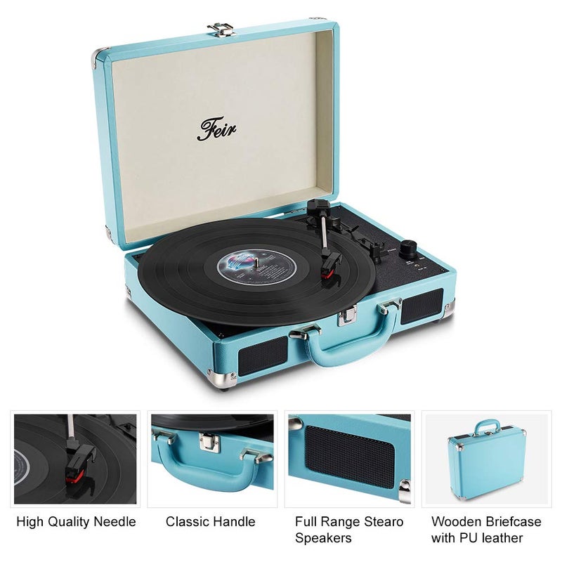 Feir Vinyl Stereo Blue Record Player 3 Speed Portable Turntable Suitcase Built in 2 Speakers RCA Line Out AUX Headphone Jack PC Recorder - Image 4